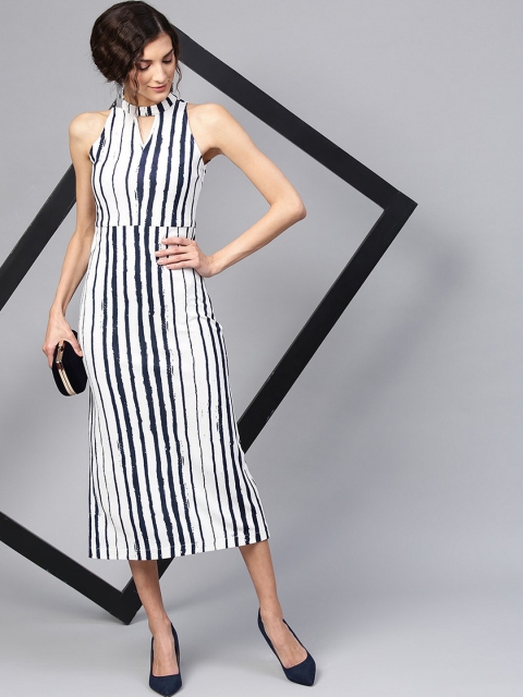 

Zima Leto Women White & Navy Blue Striped Fit and Flare Dress