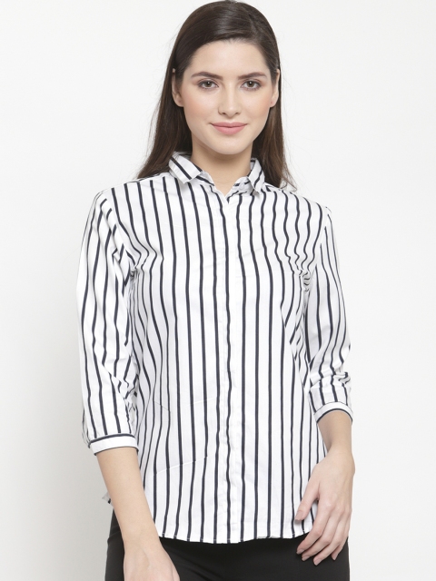

Hancock Women White & Navy Blue Regular Fit Striped Formal Shirt