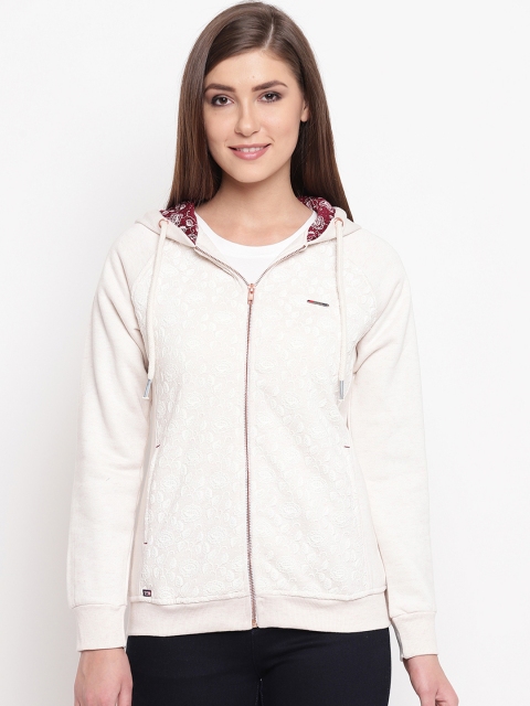 

FABNEST Women Off-White & Red Solid Hooded Sweatshirt
