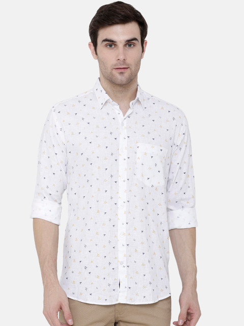 

CAVALLO by Linen Club Men Cotton Linen White & Blue Regular Fit Printed Sustainable Casual Shirt