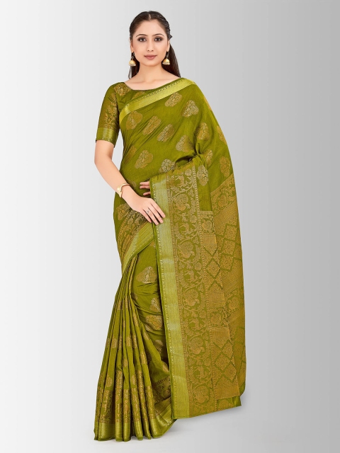 

MIMOSA Olive Green & Gold-Coloured Art Silk Woven Design Kanjeevaram Saree