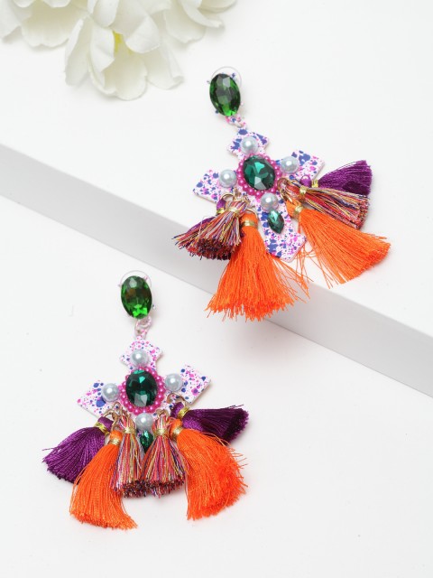 

AVANT-GARDE PARIS Multicoloured Rhodium-Plated Classic Drop Tasseled Earrings, Multi