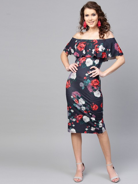 

Zima Leto Women Navy Blue Floral Print Sheath Dress