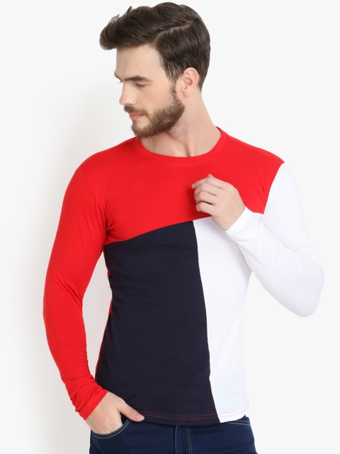 

ZALLEN Men Red Colourblocked Round Neck T-shirt