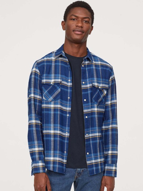 

H&M Men Blue Checked Cotton shirt