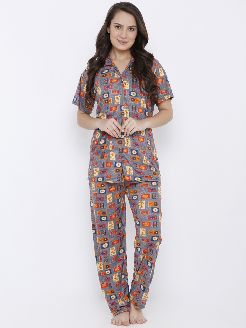 

Pretty Awesome Women Grey & Orange Printed Night suit