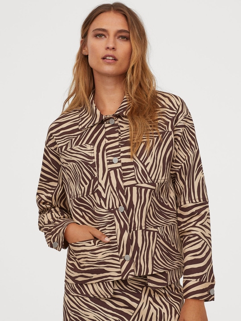 

H&M Women Beige & Brown Patterned Twill Shirt Jacket