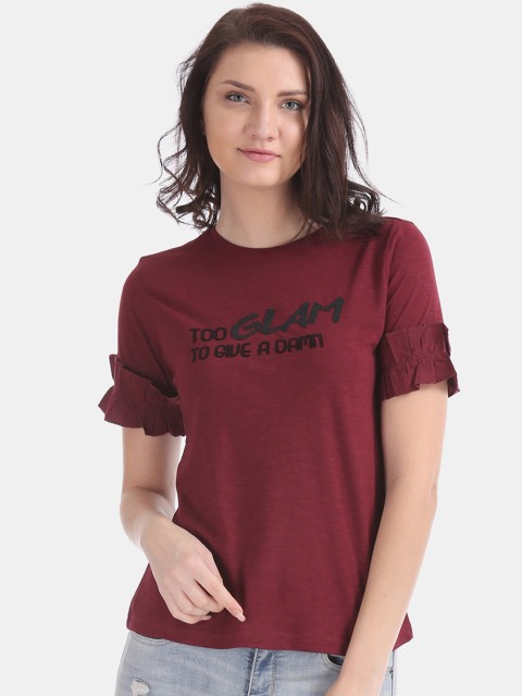

Flying Machine Women Maroon Printed Round Neck T-shirt