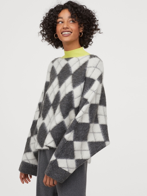 

H&M Women Grey & White Jacquard-Knit Sustainable Jumper