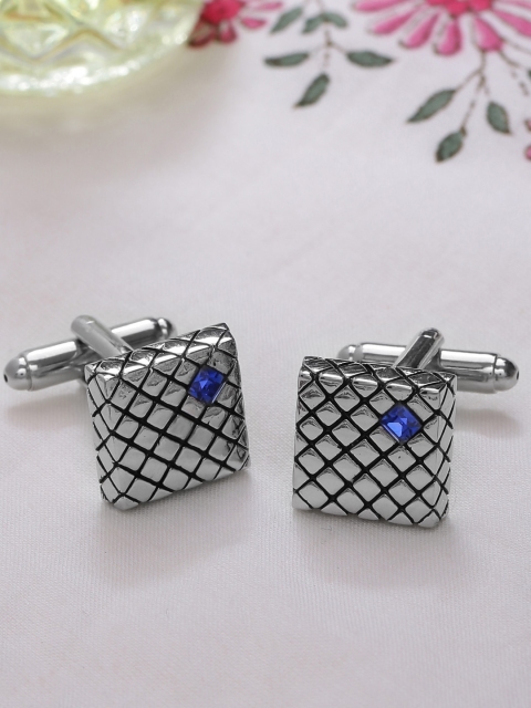 

Tistabene Rhodium-Plated & Blue Embellished Textured Square Cufflinks, Silver