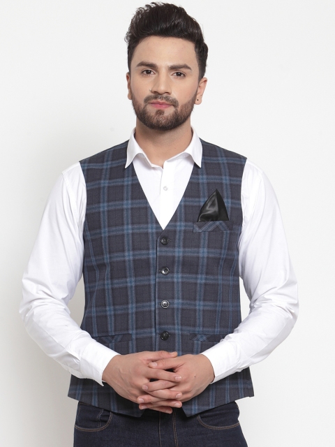 

Neudis Men Blue & Black Checked Poly Wool Waistcoat, Navy blue