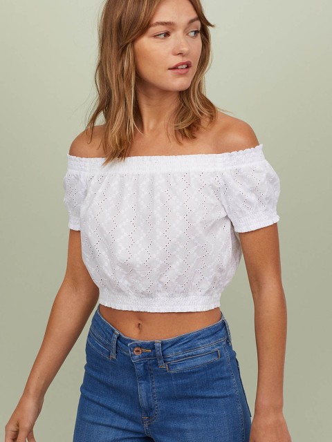 

H&M Women White Solid Off-The-Shoulder Cotton Blouse