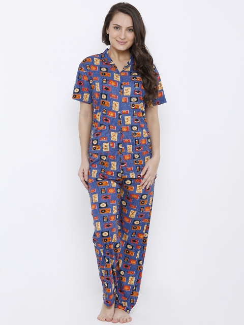 

Pretty Awesome Women Blue & Orange Printed Night suit