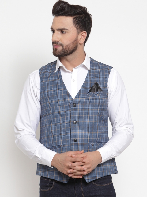 

Neudis Men Blue & Yellow Checked Poly Wool Waistcoat