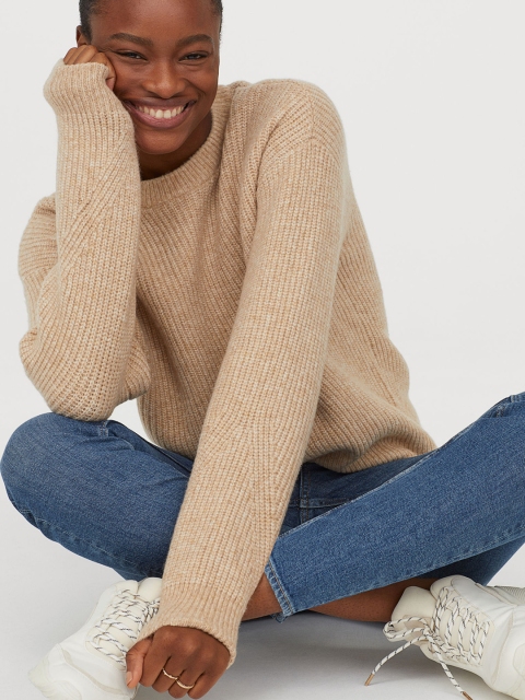 

H&M Women Beige Solid Knitted Jumper