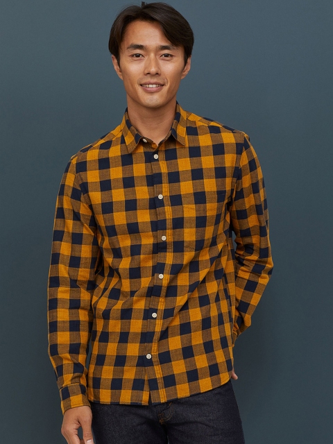H&M Men Yellow & Navy Blue Checked Cotton Shirt Regular Fit