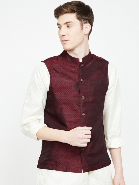 

Melange Men Burgundy Woven Design Nehru Jacket