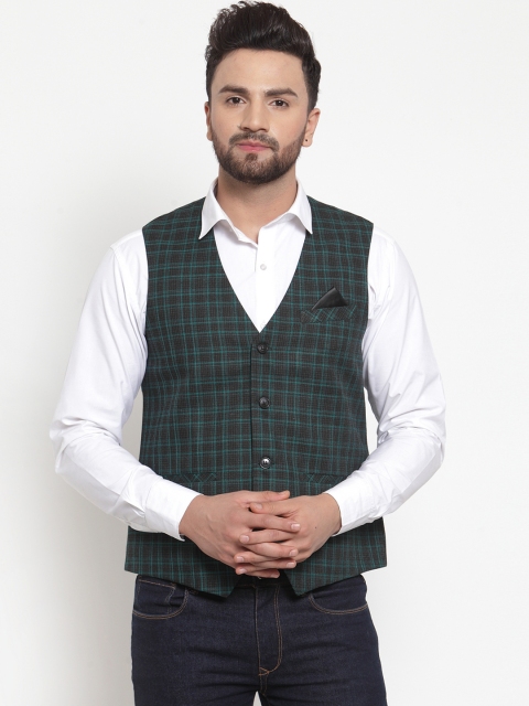 

Neudis Men Green & Black Checked Poly Wool Waistcoat