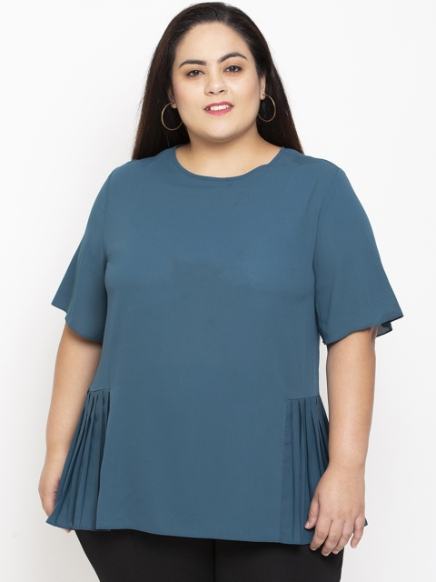 

NuBella Plus Size Women Turquoise Blue Solid Top with Accordion Pleats