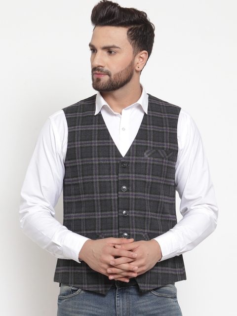 

Neudis Men Charcoal Black & Blue Checked Poly Wool Waistcoat