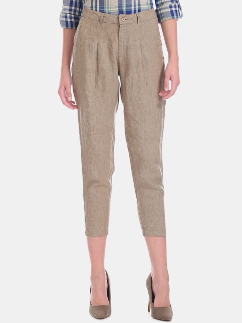 

U.S. Polo Assn. Women Brown Solid Three-Fourth Length Cigarette Linen Trousers