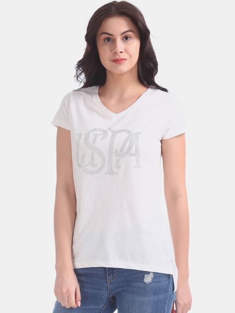 

U.S. Polo Assn. Women White Printed V-Neck T-shirt