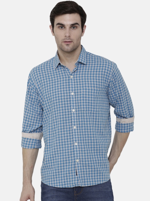 

CAVALLO by Linen Club Men Cotton Linen Blue & Grey Regular Fit Checked Casual Shirt
