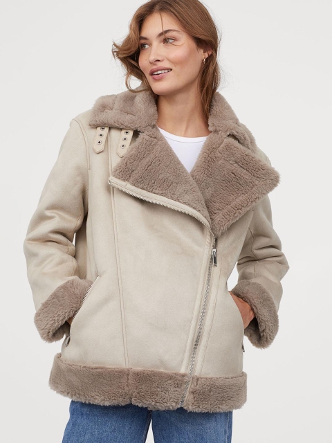 

H&M Women Brown Pile-Lined Biker Jacket