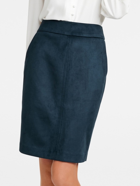 

Forever New Women Teal Blue Solid Suedette Pencil Knee-Length Skirt