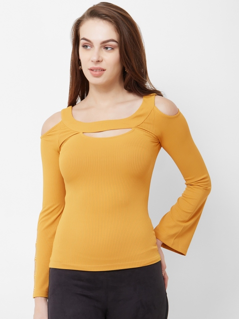 

bebe Women Mustard Self Design Cold Shoulder Top