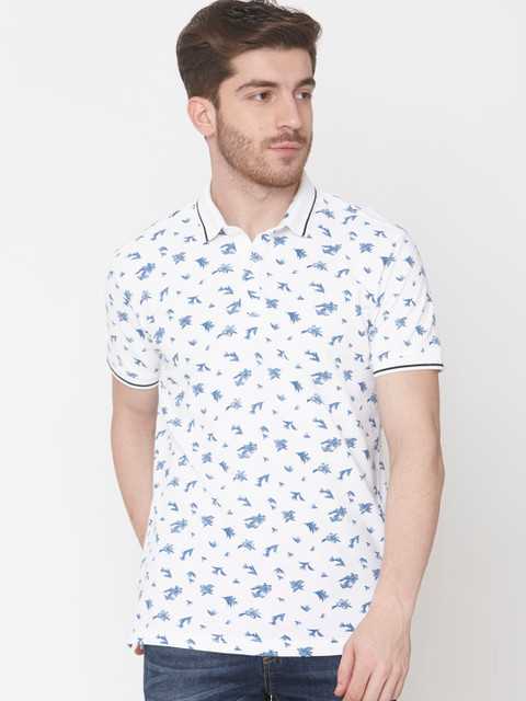 

Mufti Men White Blue Slim Fit Printed Polo Collar Pure Cotton T-shirt
