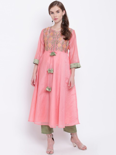 

Shakumbhari Women Pink & Green Embroidered Kurta with Trousers