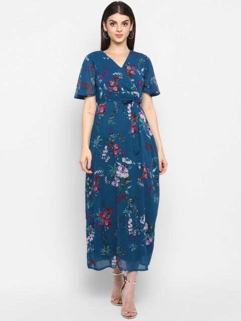 

Color Cocktail Women Teal Blue Floral Printed Wrap Dress