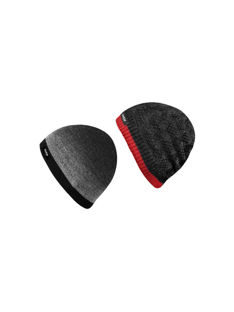 

Knotyy Men Charcoal Grey & Red Pack of 2 Self Design Beanie