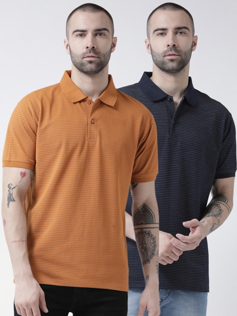 

GRIFFEL Men Pack Of 2 Rust Orange & Navy Blue Striped Polo Collar T-shirt