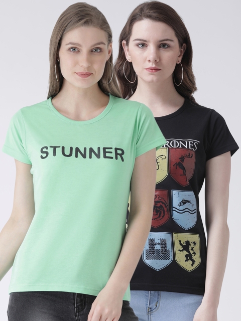 

GRIFFEL Women Pack of Two Green & Black Printed Round Neck T-shirt