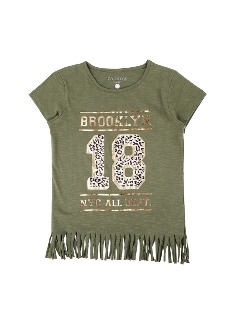 

Pantaloons Junior Girls Olive Green Printed Round Neck T-shirt