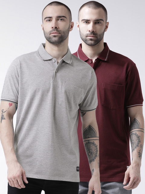 

GRIFFEL Men Pack Of 2 Grey Melange & Maroon Solid Polo Collar T-shirt