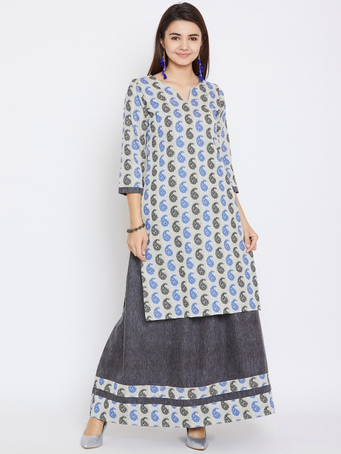 

AgrohA Women Blue & Charcoal Grey Printed Kurta with Skirt