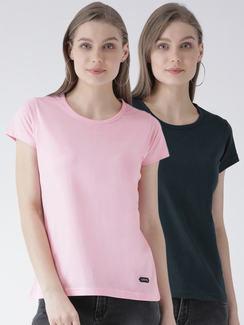 

GRIFFEL Women Pack of Two Navy Blue & Pink Solid Round Neck T-shirt