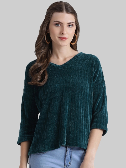 

Zink London Women Teal Green Velvet Self-Striped Sweater
