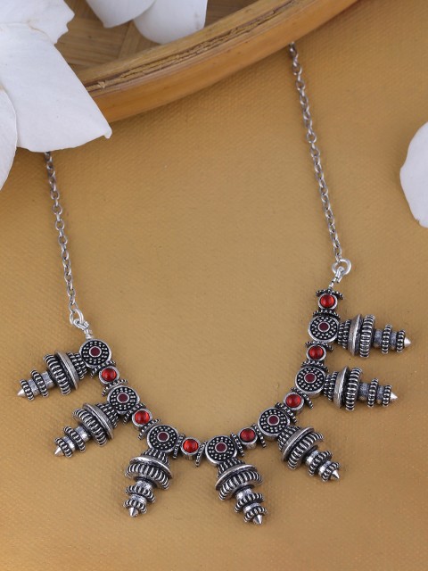 

Voylla Silver-Plated Temple of Love Red Stones Embellished Necklace