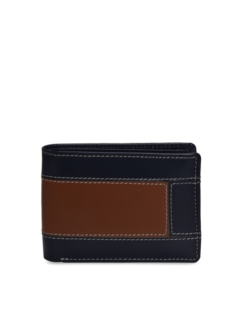

Peseta Men Navy Blue & Brown Colourblocked Genuine Leather Two Fold Wallet