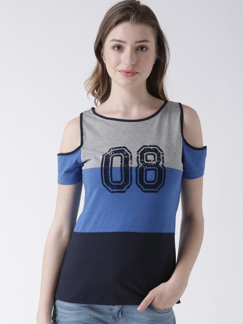 

MsFQ Women Blue & Grey Melange Colourblocked Top