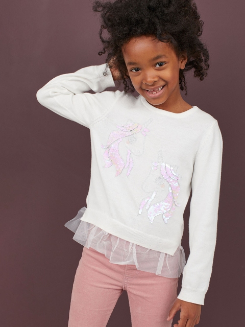 

H&M Girls White Solid Sequin-Motif Jumper