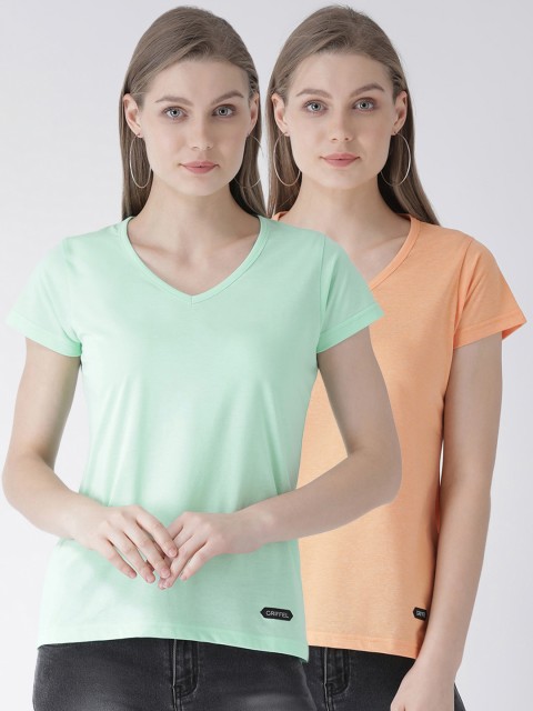 

GRIFFEL Women Pack of Two Sea Green & Orange Solid Round Neck T-shirt