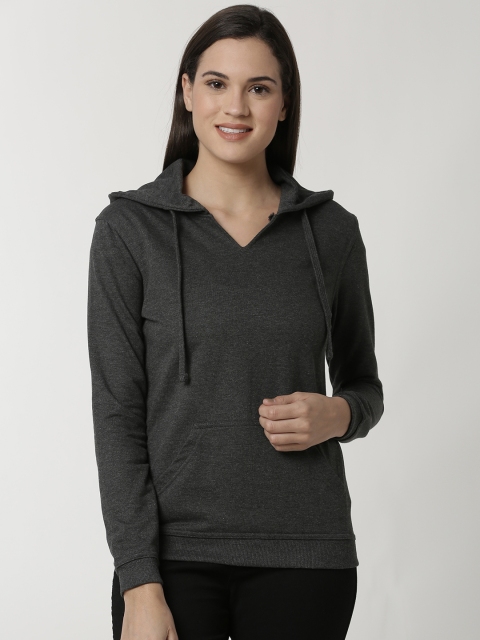 

De Moza Women Charcoal Grey Solid Hooded Sweatshirt