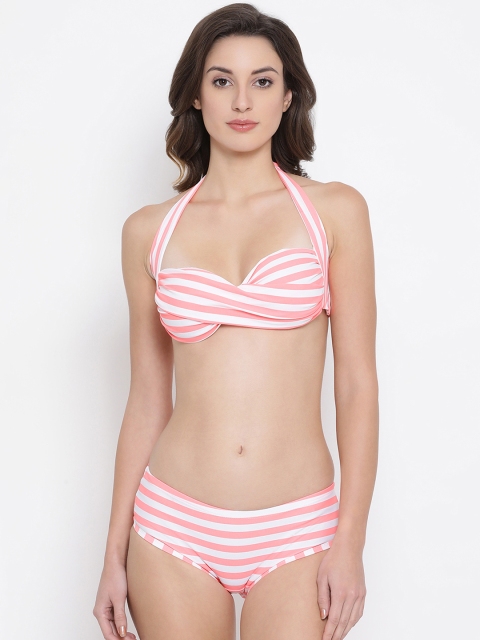 

Clovia Women Pink & White Striped Lingrie Set COMBBP104S