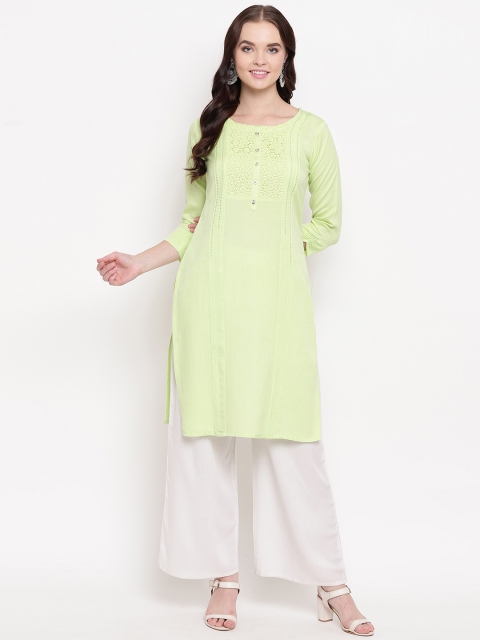 

Kvsfab Women Green Woven Design Straight Kurta