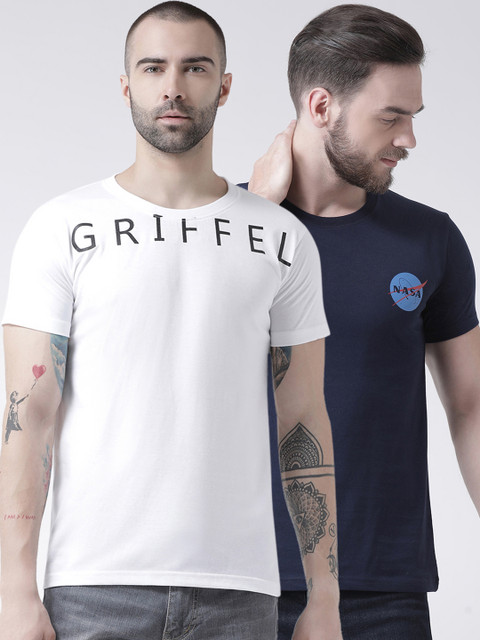 

GRIFFEL Men Pack Of 2 Navy Blue & White Printed Round Neck T-shirt